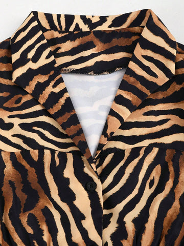 Women's Short Tiger Print Long Sleeve Single-Breasted Collared Waist Shirt,