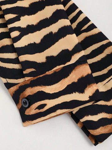 Women's Short Tiger Print Long Sleeve Single-Breasted Collared Waist Shirt,