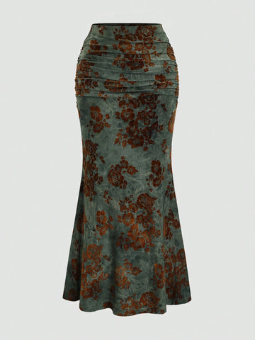 Sweetro Women's Vintage Flocked Print Fish Tail Skirt For Autumn/Winter