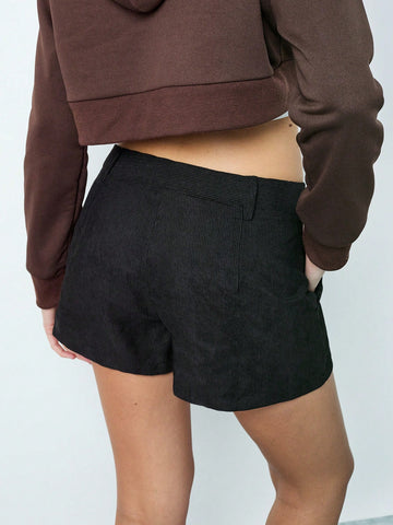 TRNDY 1pc Black Corduroy Casual Shorts, Minimalist & Versatile, Low Waist Super-Short For Women, Autumn/Winter