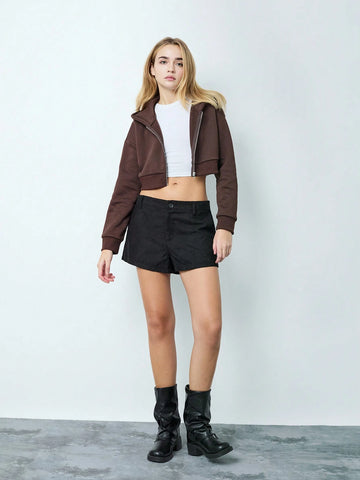 TRNDY 1pc Black Corduroy Casual Shorts, Minimalist & Versatile, Low Waist Super-Short For Women, Autumn/Winter