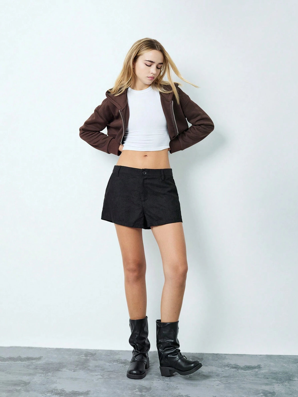TRNDY 1pc Black Corduroy Casual Shorts, Minimalist & Versatile, Low Waist Super-Short For Women, Autumn/Winter