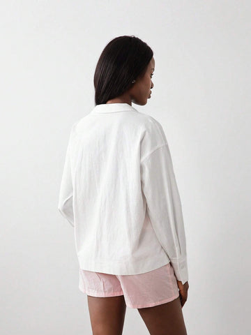 1pc Women Linen Solid Color Belted Shirt With Shirt Collar, Long Sleeve
