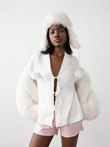 1pc Women Linen Solid Color Belted Shirt With Shirt Collar, Long Sleeve