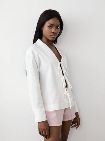 1pc Women Linen Solid Color Belted Shirt With Shirt Collar, Long Sleeve