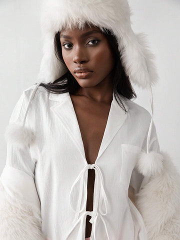 1pc Women Linen Solid Color Belted Shirt With Shirt Collar, Long Sleeve