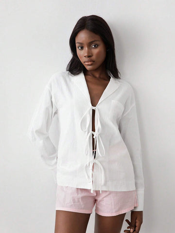 1pc Women Linen Solid Color Belted Shirt With Shirt Collar, Long Sleeve