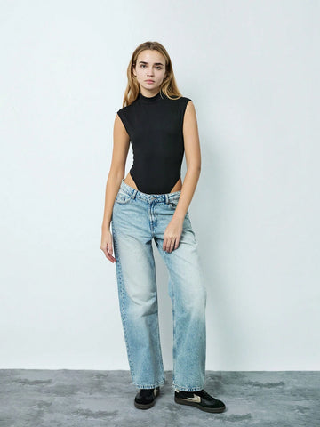 1pc Women's Black Stand Collar Tight Fit Sleeveless Bodysuit, Casual & Versatile, Autumn/Winter