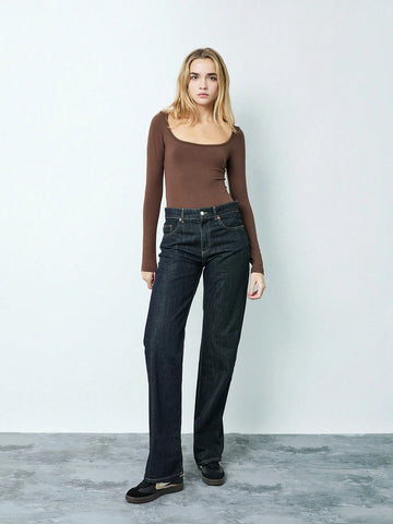 1pc Women's Casual Dark Brown Crew Neck Long Sleeve Bodysuit, Simple & Versatile For Autumn/Winter