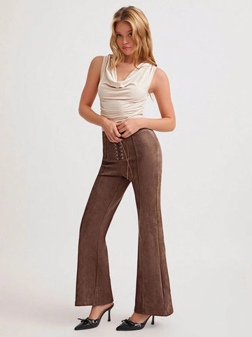 2pcs/Set Women Sexy Party Fashion Apricot Pleated Off-Shoulder Form-Fitting Sleeveless Top & Special Waist Fitted Flare Pants, Drawstring Waist, Autumn/Winter