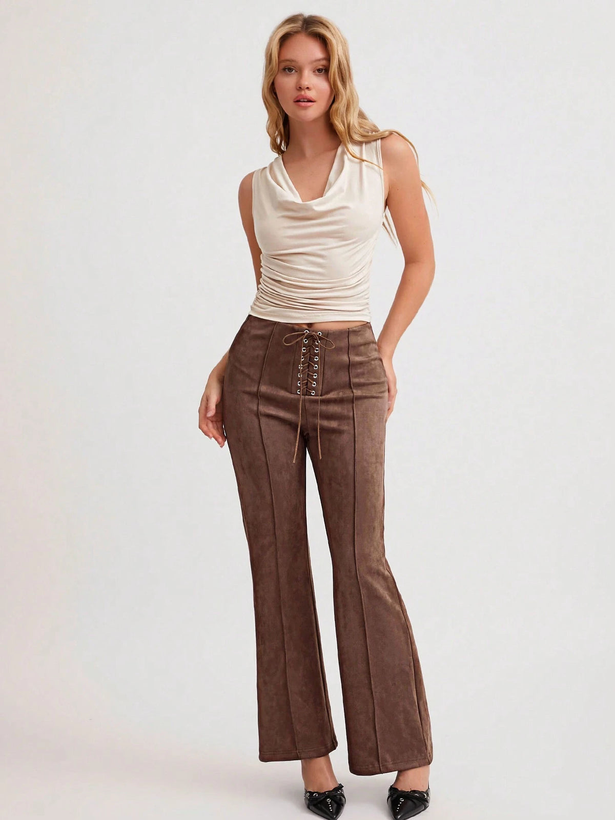 2pcs/Set Women Sexy Party Fashion Apricot Pleated Off-Shoulder Form-Fitting Sleeveless Top & Special Waist Fitted Flare Pants, Drawstring Waist, Autumn/Winter