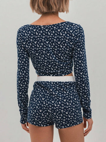 2pcs Set: Navy Blue Ditsy Floral Front Opening Collar Crop Top And Waistband Contrast Half-Zip Micro Shorts