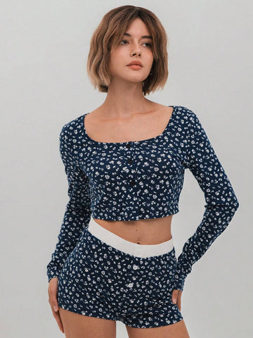 2pcs Set: Navy Blue Ditsy Floral Front Opening Collar Crop Top And Waistband Contrast Half-Zip Micro Shorts