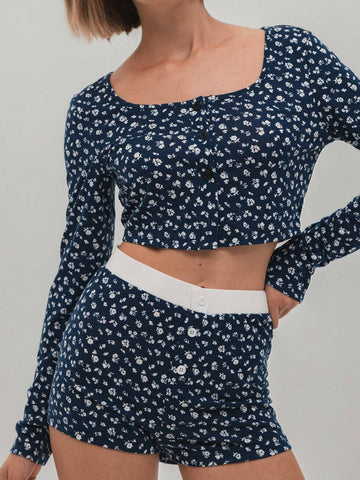 2pcs Set: Navy Blue Ditsy Floral Front Opening Collar Crop Top And Waistband Contrast Half-Zip Micro Shorts