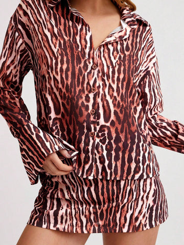 2pcs Women's Set: Leopard Print Collar Flare Sleeve Shirt & Bodycon Mini Skirt, Sexy Party Fashion In Beige Leopard Print, Autumn/Winter