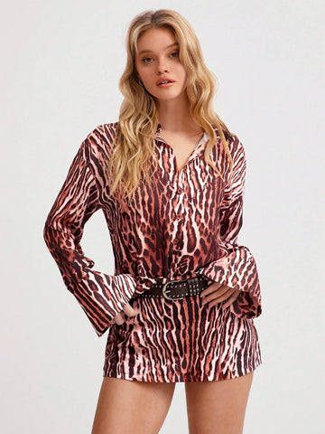 2pcs Women's Set: Leopard Print Collar Flare Sleeve Shirt & Bodycon Mini Skirt, Sexy Party Fashion In Beige Leopard Print, Autumn/Winter