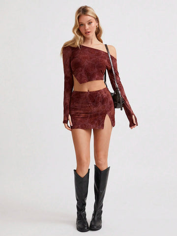 2pcs Women's Sexy Party Vintage Paisley Pattern Asymmetric Shoulder Asymmetrical Long Sleeve Top & Slit A-Line Mini Skirt Set, Autumn/Winter