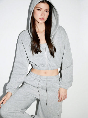 3PCS: 1 Set Women Casual Minimalist Cinched Waist Hooded Short Top And 1 Set Elastic Waist Big Pocket Embroidery Pattern Straight Pants, Autumn/Winter