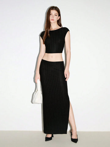 Black Autumn/Winter Sexy Party Fashion Simple Knitted Backless Top & Bodycon High Slit Maxi Skirt 2pcs Set
