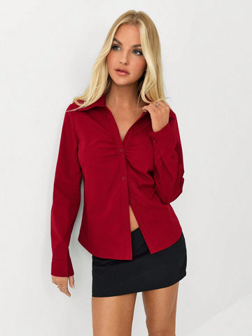 TRNDY Burgundy V-Neck Ruched Bust Vintage Fitted Long Sleeve Blouse, Teacher Outfit