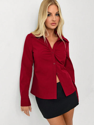 TRNDY Burgundy V-Neck Ruched Bust Vintage Fitted Long Sleeve Blouse, Teacher Outfit