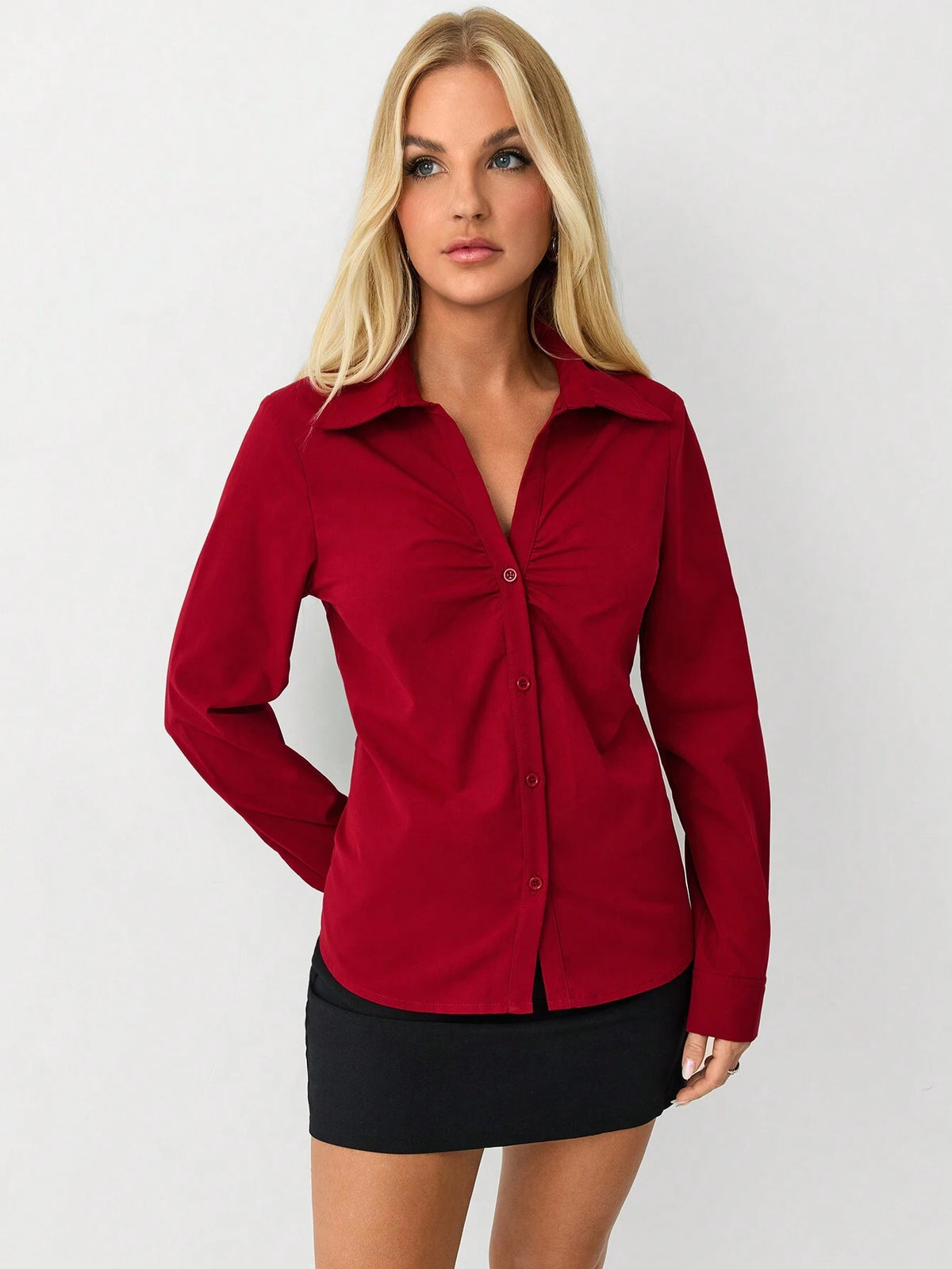 TRNDY Burgundy V-Neck Ruched Bust Vintage Fitted Long Sleeve Blouse, Teacher Outfit