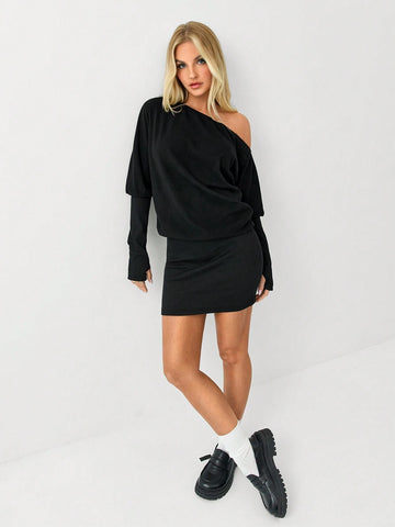 Casual Knit Asymmetrical Shoulder Long Sleeve Bodycon Mini Dress, Fall/Winter