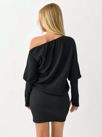 Casual Knit Asymmetrical Shoulder Long Sleeve Bodycon Mini Dress, Fall/Winter
