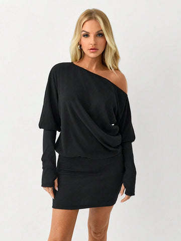 Casual Knit Asymmetrical Shoulder Long Sleeve Bodycon Mini Dress, Fall/Winter