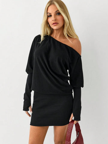 Casual Knit Asymmetrical Shoulder Long Sleeve Bodycon Mini Dress, Fall/Winter