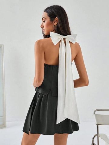 Contrasting Color French Style Backless Bowknot Waistcoat Vest With Pleated Skirt Set