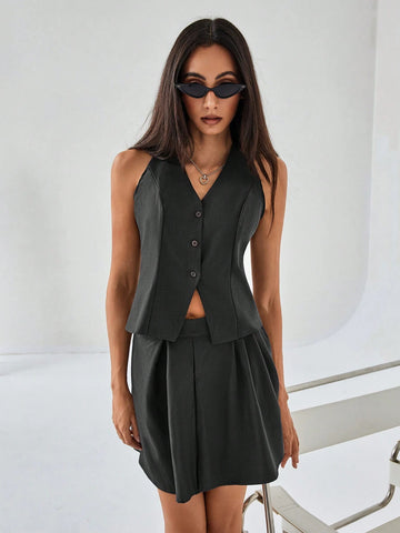 Contrasting Color French Style Backless Bowknot Waistcoat Vest With Pleated Skirt Set