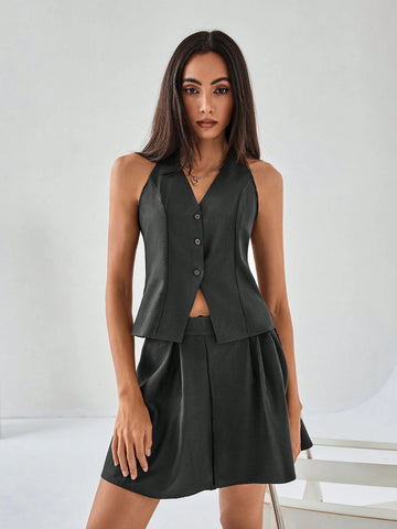 Contrasting Color French Style Backless Bowknot Waistcoat Vest With Pleated Skirt Set