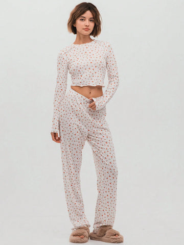 White Cherry Fruit Allover Print Crew Neck Fitted Wavy Long Sleeve Cropped T-Shirt And Relaxed Straight Leg Pants Set