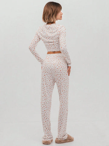 White Cherry Fruit Allover Print Crew Neck Fitted Wavy Long Sleeve Cropped T-Shirt And Relaxed Straight Leg Pants Set