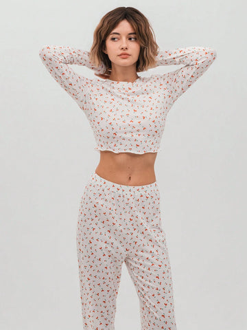 White Cherry Fruit Allover Print Crew Neck Fitted Wavy Long Sleeve Cropped T-Shirt And Relaxed Straight Leg Pants Set