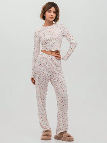 White Cherry Fruit Allover Print Crew Neck Fitted Wavy Long Sleeve Cropped T-Shirt And Relaxed Straight Leg Pants Set