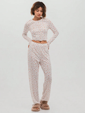 White Cherry Fruit Allover Print Crew Neck Fitted Wavy Long Sleeve Cropped T-Shirt And Relaxed Straight Leg Pants Set