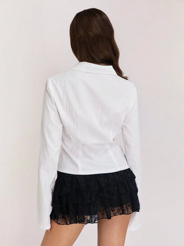 Women's Cotton Casual Office Shirt With Striped Detail Front, White