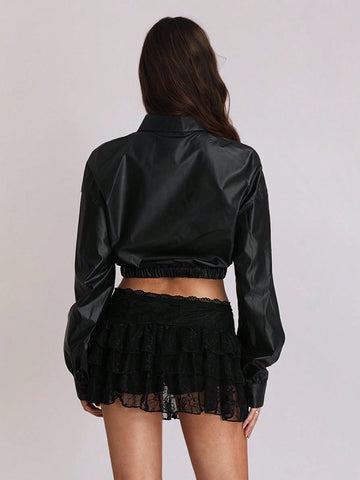 TRNDY Women's Long Sleeve Crop Top With Twist Detail, Vintage Style, Black