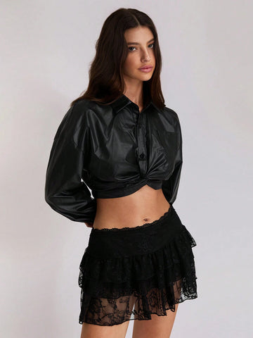 TRNDY Women's Long Sleeve Crop Top With Twist Detail, Vintage Style, Black