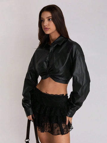 TRNDY Women's Long Sleeve Crop Top With Twist Detail, Vintage Style, Black