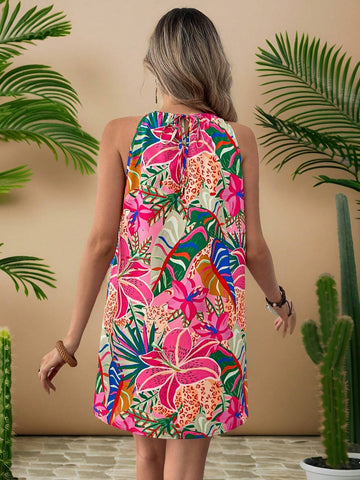 1pc Women's Loose Open Shoulder Floral Print Holiday Chiffon Dress