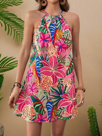 1pc Women's Loose Open Shoulder Floral Print Holiday Chiffon Dress