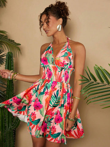 CHIC Holiday Woven Printed Halter Neck & Waist Tie Women's Dress
