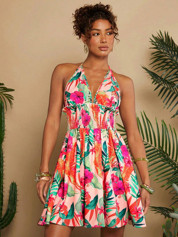CHIC Holiday Woven Printed Halter Neck & Waist Tie Women's Dress