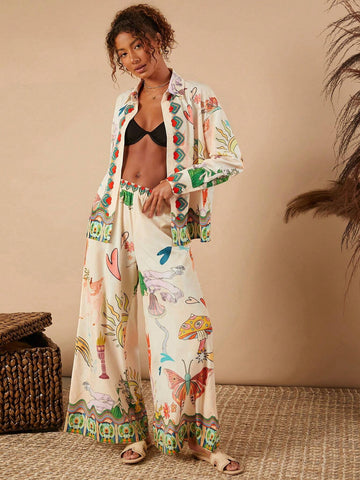 TRVLCHIC Loose Floral Print Open Shoulder Long Sleeve Maxi Women Shirt