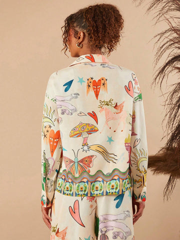 TRVLCHIC Loose Floral Print Open Shoulder Long Sleeve Maxi Women Shirt