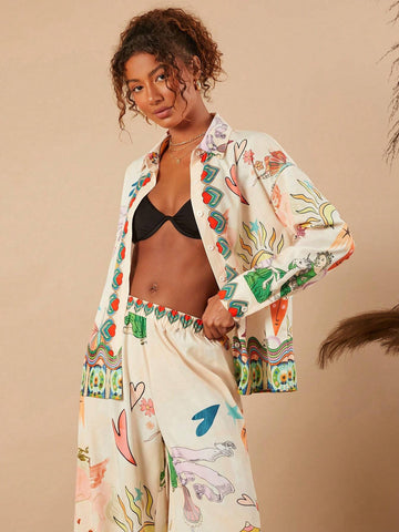 TRVLCHIC Loose Floral Print Open Shoulder Long Sleeve Maxi Women Shirt