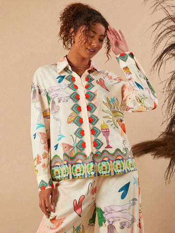 TRVLCHIC Loose Floral Print Open Shoulder Long Sleeve Maxi Women Shirt